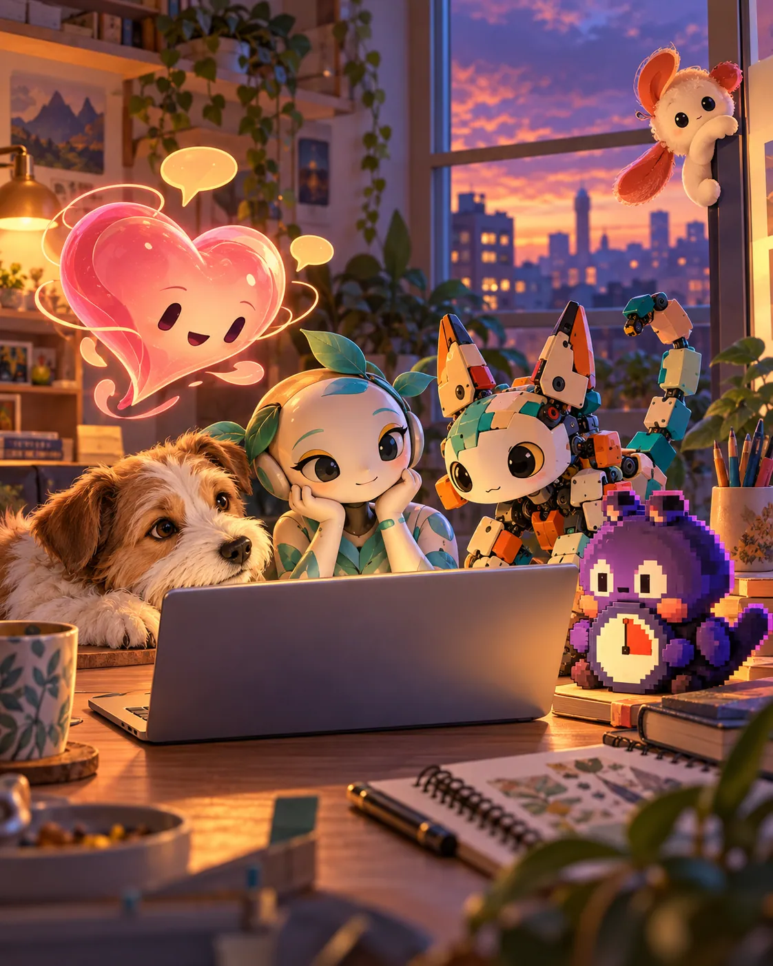 Original editorial illustration of six distinct desktop-pet archetypes gathered around a laptop, including voice, 3D, pixel, focus, photo, and agent companions.