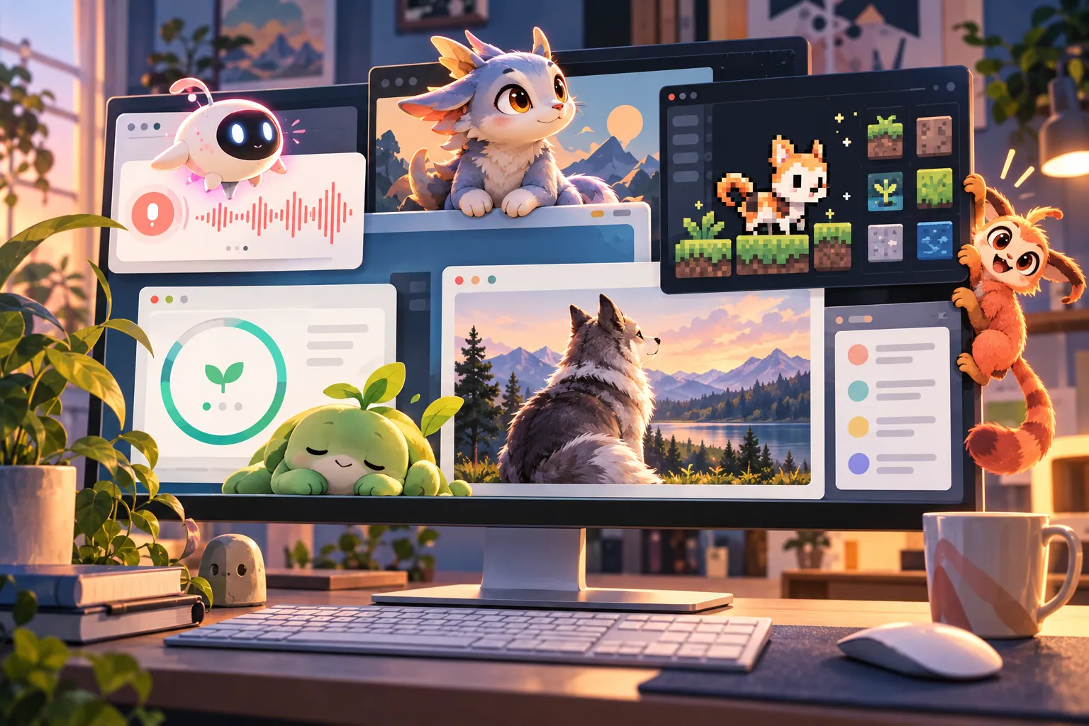 Editorial illustration of six original desktop companion types living across app windows, including a voice helper, a 3D creature, a pixel pet, a focus buddy, and a photo-inspired animal.