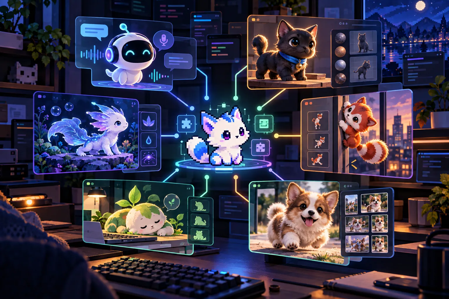 Editorial illustration of an original open pixel pet connected to six specialized desktop companions, including voice, 3D, virtual-pet, climbing, focus, and photo-based types.