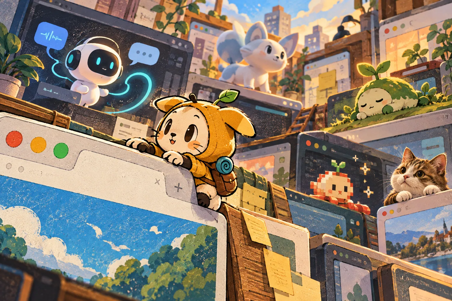 Editorial illustration of an original tiny mascot climbing a browser window while voice, 3D, focus, pixel, and photo-based companions occupy other windows.