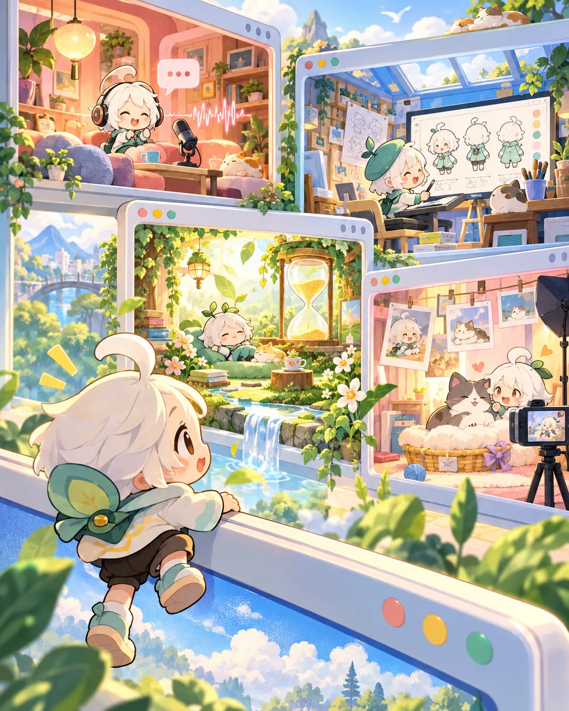 Original editorial illustration of a tiny window-climbing mascot looking into rooms for voice, 3D, focus, open-source, and photo-based companions.