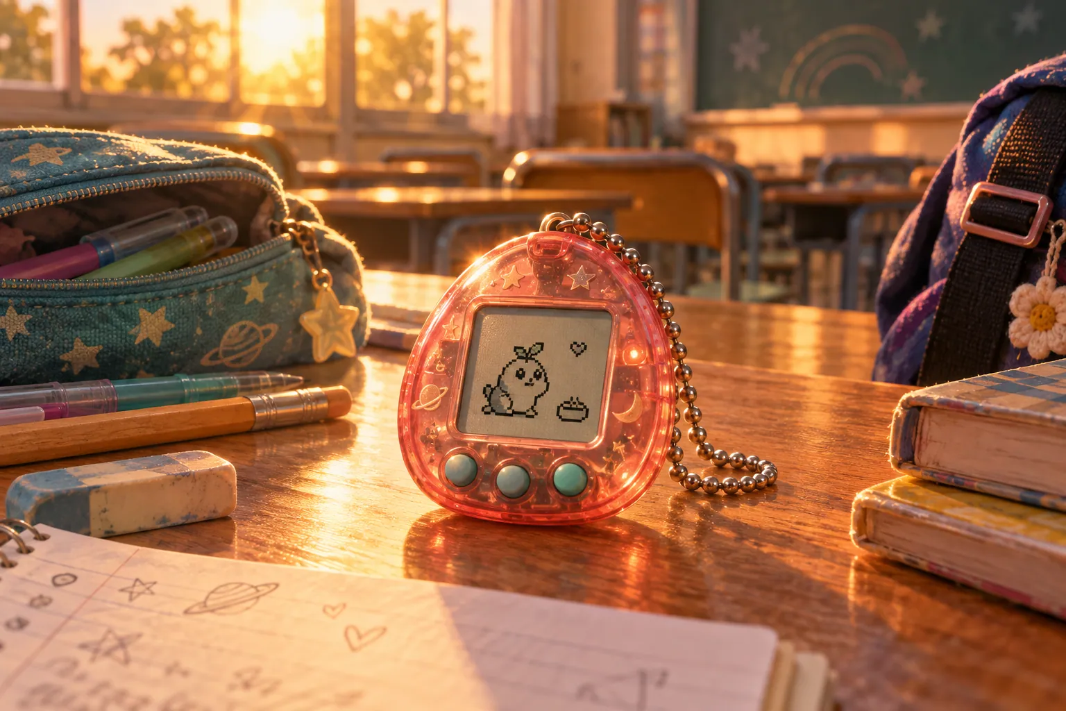 Original translucent coral virtual-pet keychain glowing on a classroom desk among notebooks, pencils, and a school bag in late-afternoon sunlight.