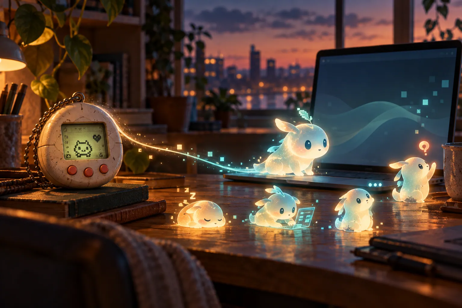 Original virtual-pet keychain connected by a ribbon of light to several glowing desktop companions that sleep, work, wait, and ask for attention beside a laptop.
