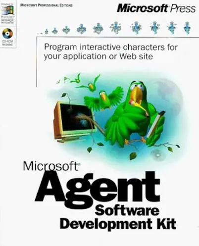 Cover of the Microsoft Press book Microsoft Agent Software Development Kit, featuring Peedy the green parrot reacting to birds flying out of a computer monitor.