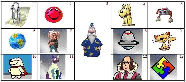 Numbered grid showing thirteen Microsoft Office Assistant characters, including Clippy, the Dot, the Genius, Power Pup, Hoverbot, Mother Nature, Scribble, Will, and the animated Office logo.