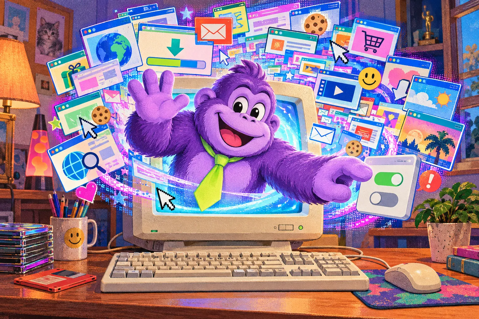 Colorful editorial illustration of an original purple gorilla desktop helper reaching out of a beige CRT computer while pop-ups, cursors, downloads, email, cookies, shopping, and alert icons multiply around it.